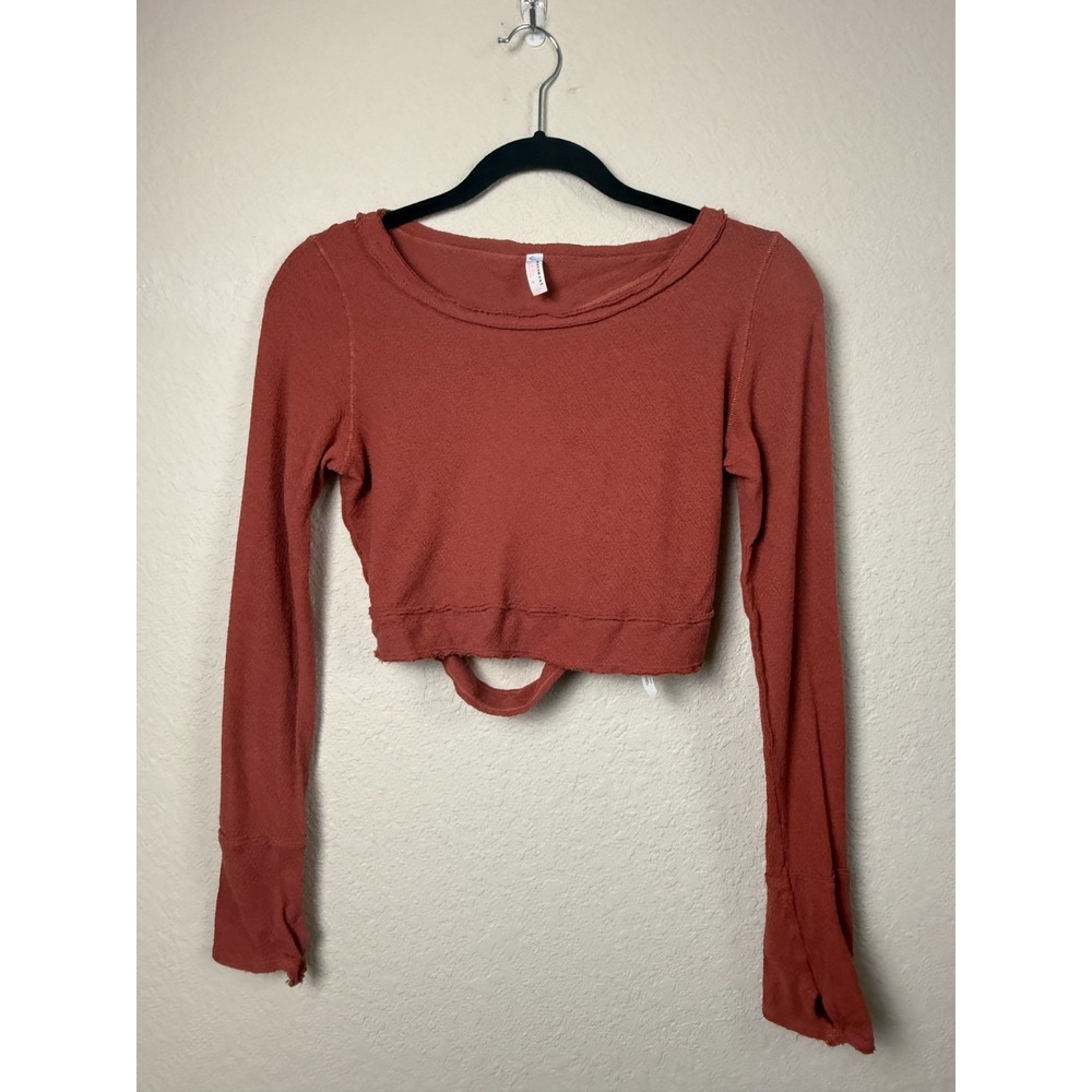 Free People Movement Cotton Rust Cropped Top Open Back Raw Seam Long Sleeve S